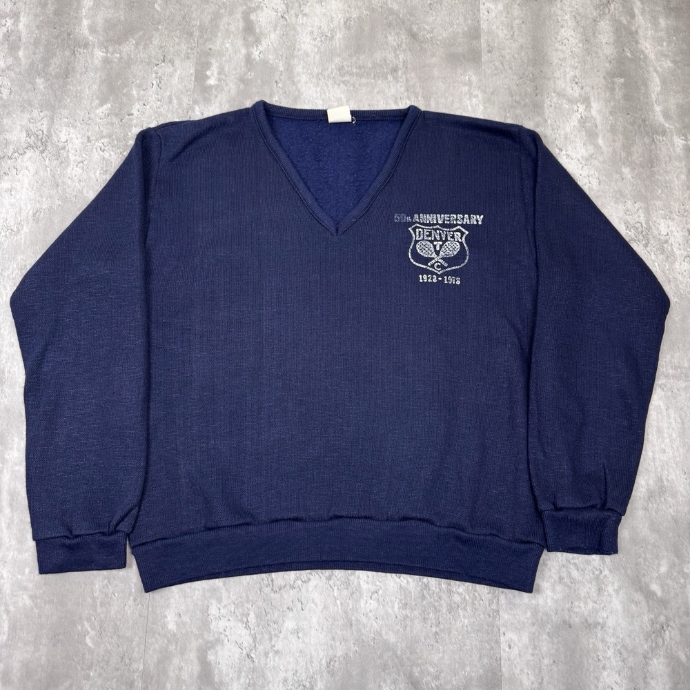 Vintage Denver Tennis Club Sweater Large Blue 50th Anniversary Knit V Neck 70s